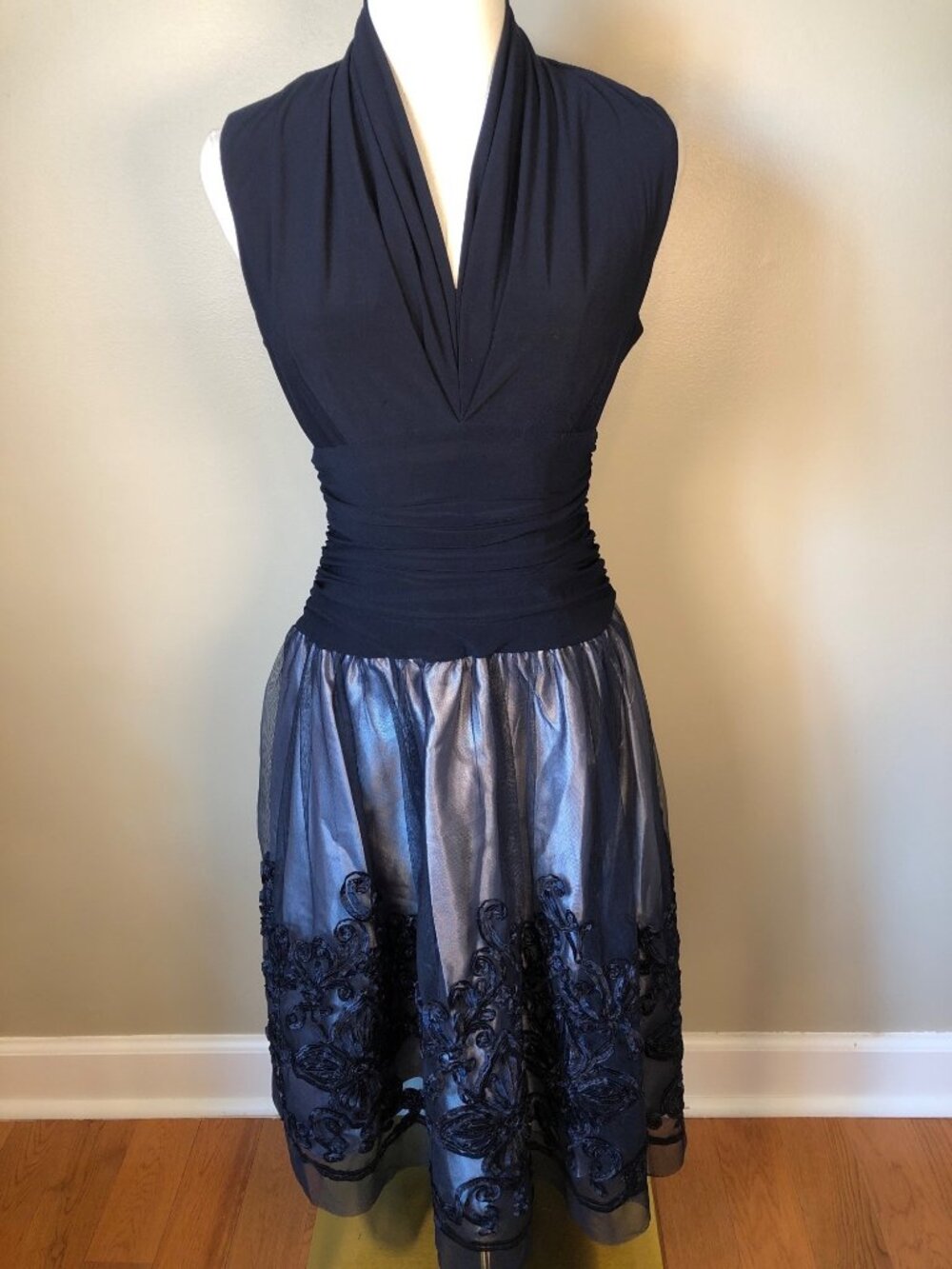 SLNY 110884M Navy Blue Metallic Lace Hem A-Line Cocktail Dress Size 6 Elegant